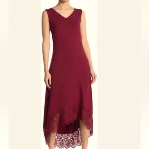 Nina  Leonard Dress Size Med  Burgundy Lightweight Jersey Knit High Low Lace Hem